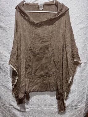 MG Evento Linen Top OS Brown Gauze Frayed Hem Boho Lagenlook